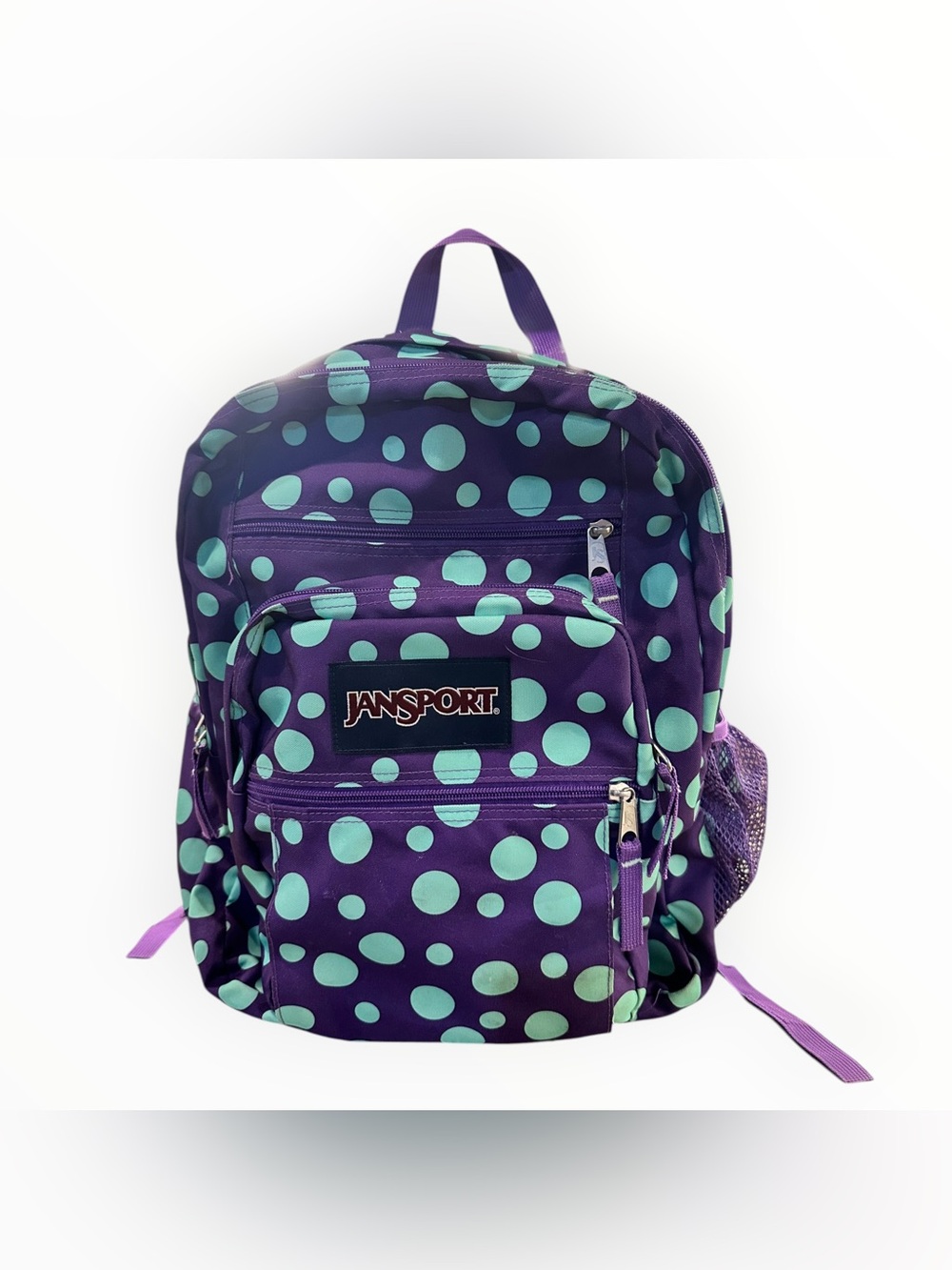 Retired JanSport Big Student Backpack Mint Sylvia Polka Dot Purple Grey EUC HTF